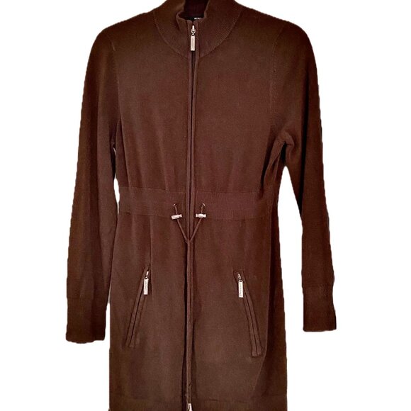 😊BCBG Maxazria Brown Sweater Coat Drawstring Gold Zipper Pockets Mid-thigh Sz L - Picture 5 of 14
